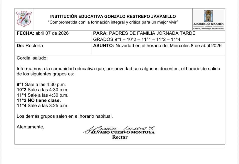 horario 8-04-2026 Jornada tarde