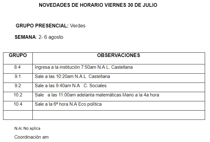Novedades Horarios Jornada de la mañana 30 de julio 2021 Novedades Horarios Jornada de la mañana 30 de julio 2021